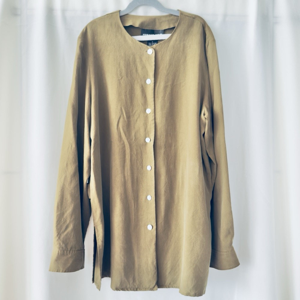 August Silk 100% Silk Dark Olive Blouse M Earthy Boho Quiet Luxury Minimalist